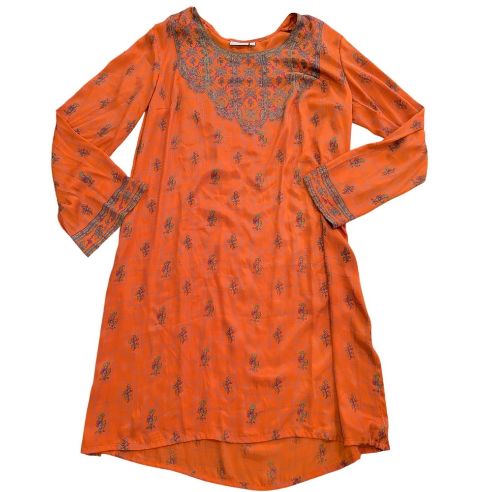 eShakti Orange Floral Block Print Tunic Dress XL Long Sleeve Boho Cottage Indian
